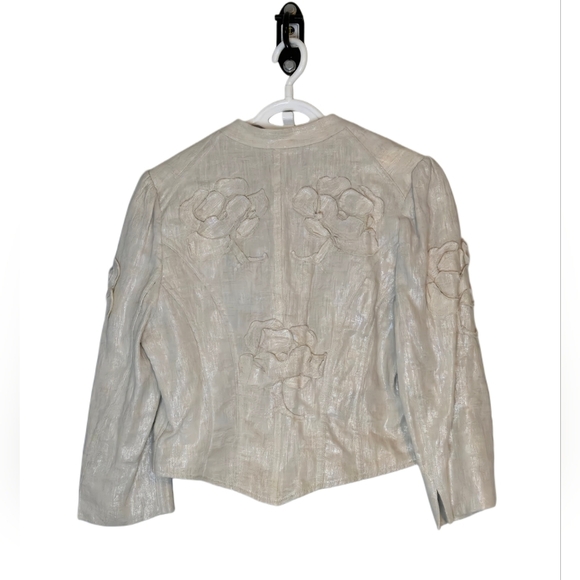 Linen Floral Bohemian Cropped Lined Blazer Quiet Luxury Neutral Size 10 - Picture 2 of 12